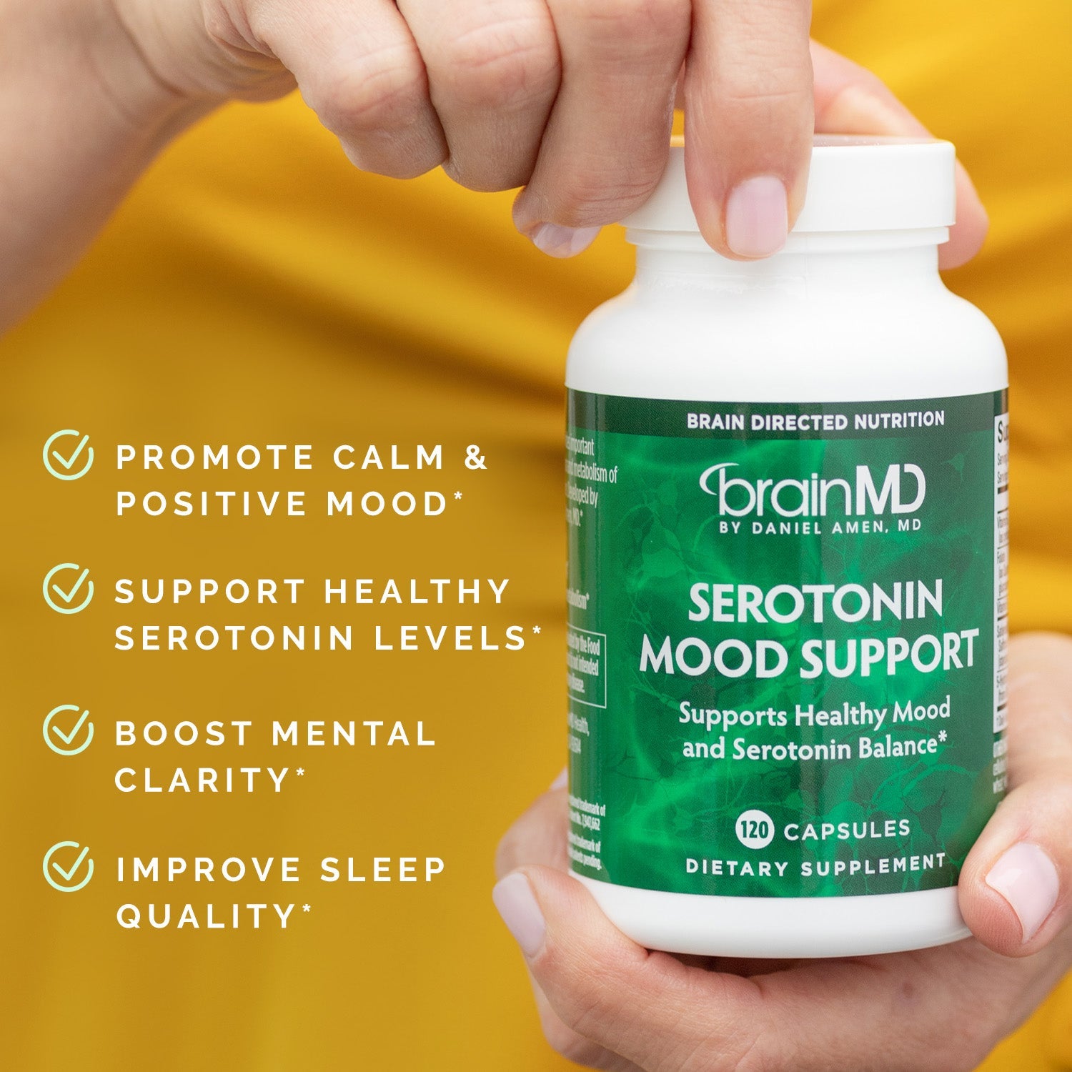 BrainMD Serotonin Mood Support: infographic, green supplement bottle next to brief phrases highlighting product benefits