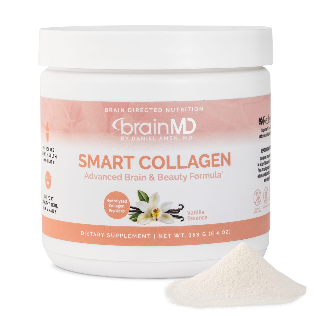 BrainMD Smart Collagen: image of peach-hued supplement container and mound of off-white powder against transparent background