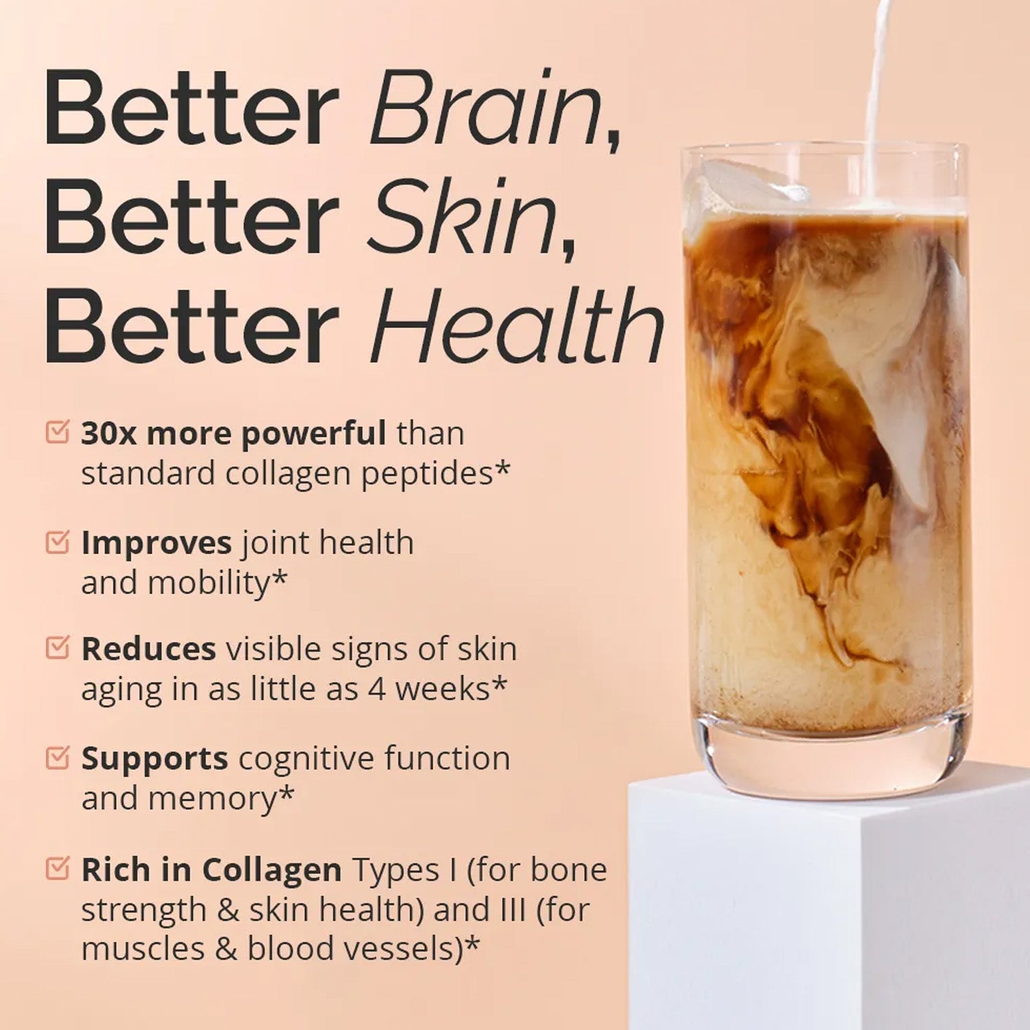 BrainMD Smart Collagen: infographic, white powder pouring into a glass next to brief phrases highlighting product benefits