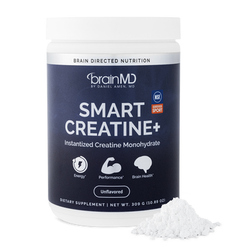 BrainMD Smart Creatine+: image of a blue supplement container with white powder at the base against a transparent background