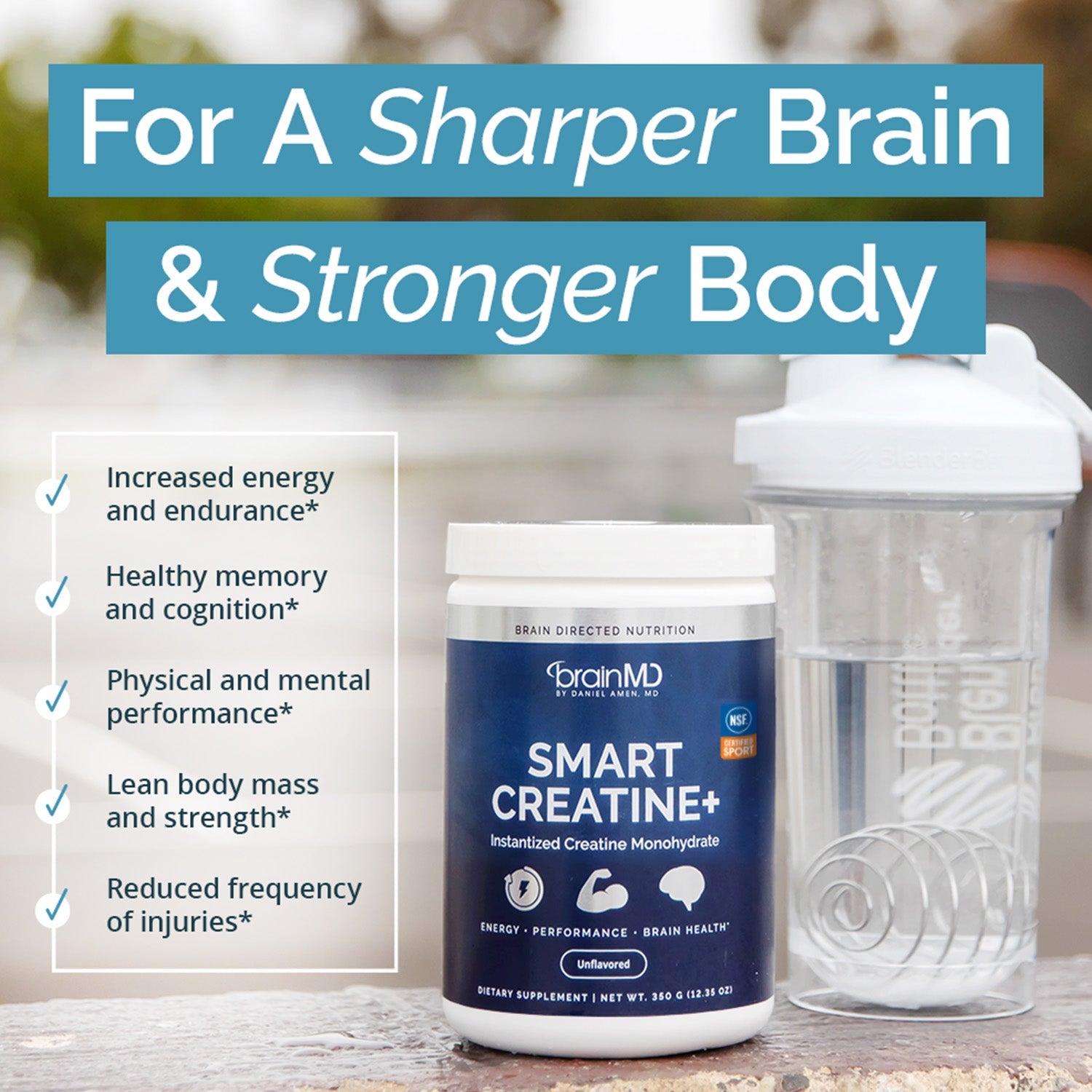 BrainMD Smart Creatine+: blue supplement container and water bottle next to brief phrases highlighting product benefits