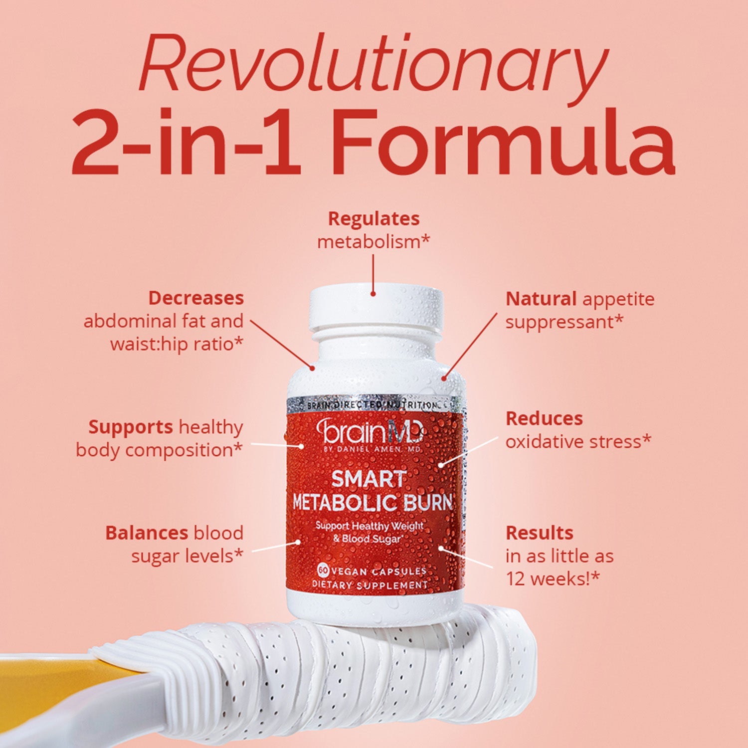 BrainMD Smart Metabolic Burn: infographic, red supplement bottle surrounded by brief phrases highlighting product benefits