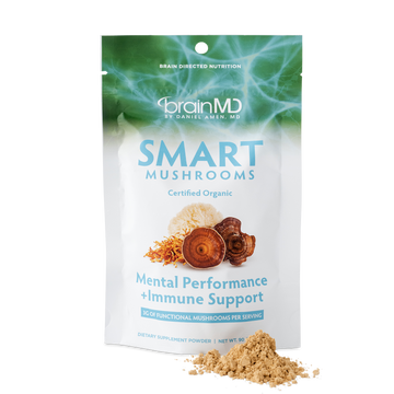 BrainMD Smart Mushrooms: supplement bag with mound of powder in front of a transparent background