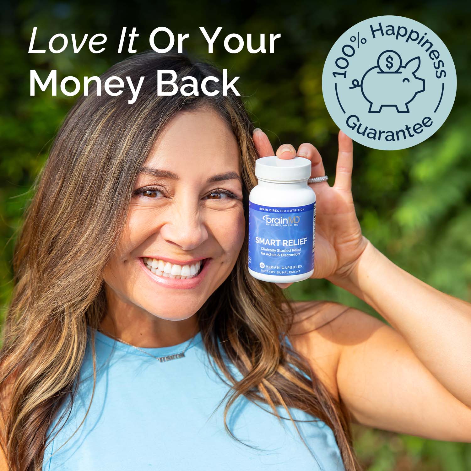 Infographic - woman holding blue bottle against green background with a header and guarantee sticker.