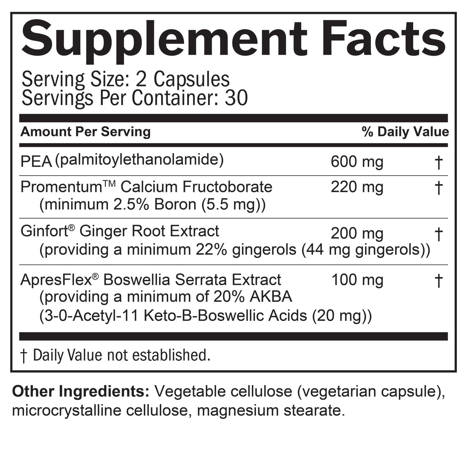 Supplement Facts box - ingredients, doses and serving sizes for Smart Relief.