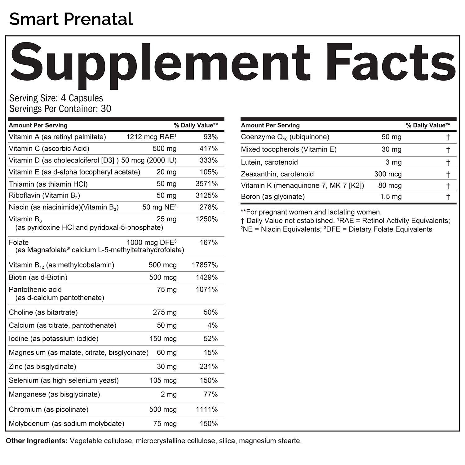 Supplement Facts box listing ingredients for Smart Prenatal.