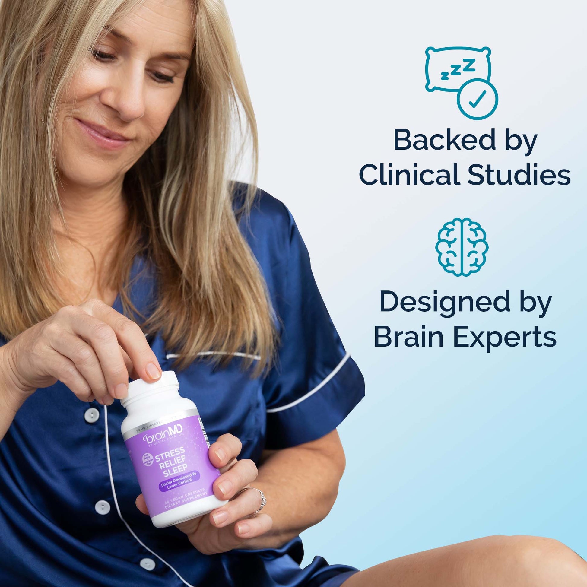 BrainMD Stress Relief Sleep Supplement backed by clinical studies and designed by brain experts