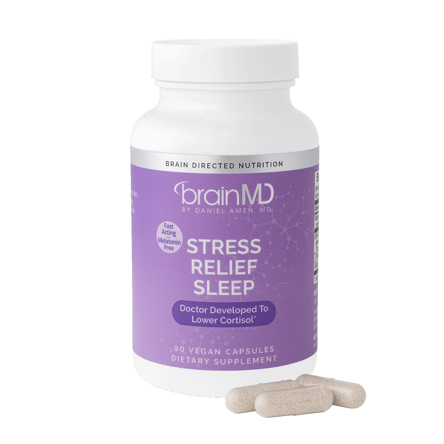 Lavendar supplement bottle with white capsules at the base against a transparent background.