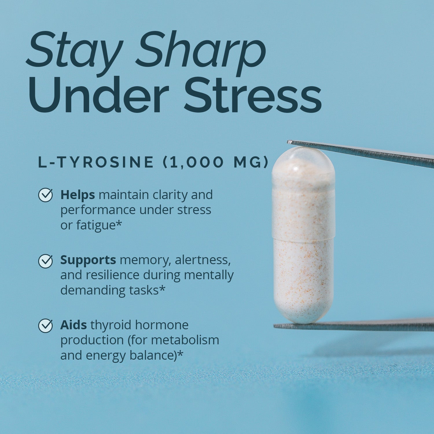 BrainMD Tyrosine: infographic, white supplement capsule held against blue background next to phrases highlighting benefits