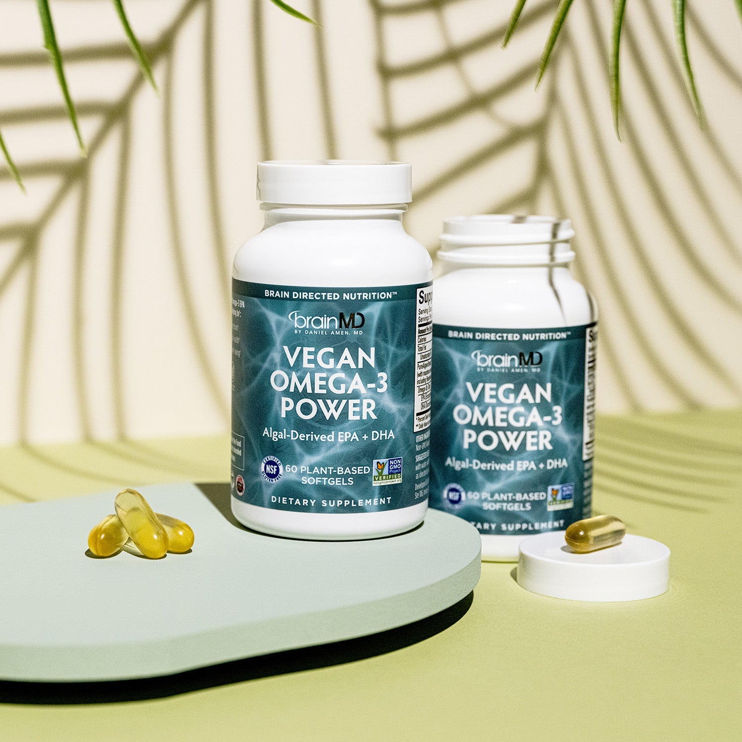 BrainMD Vegan Omega-3 Power: two supplement bottles with softgels on display against a palm frond backdrop