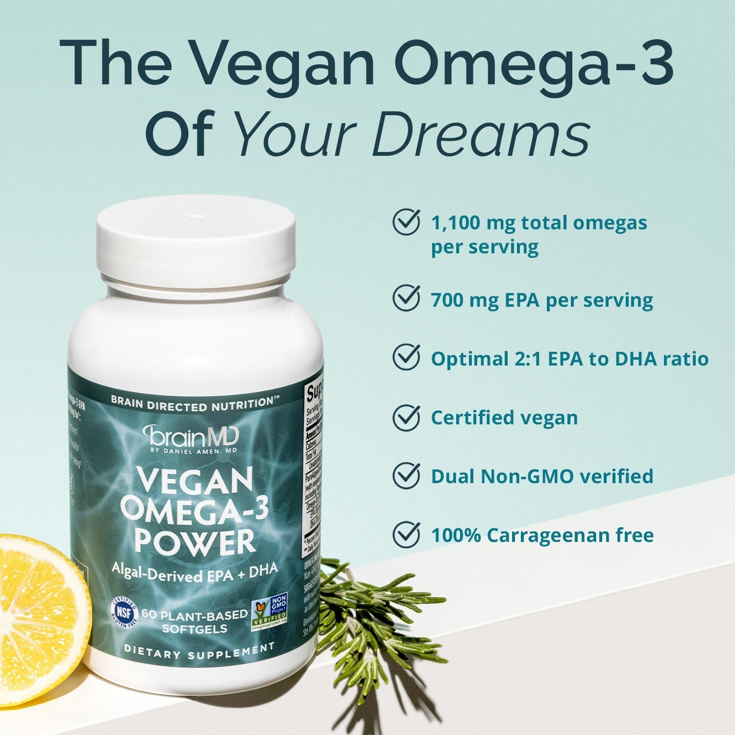 BrainMD Vegan Omega-3 Power: infographic with image of bottle and short list of key benefits