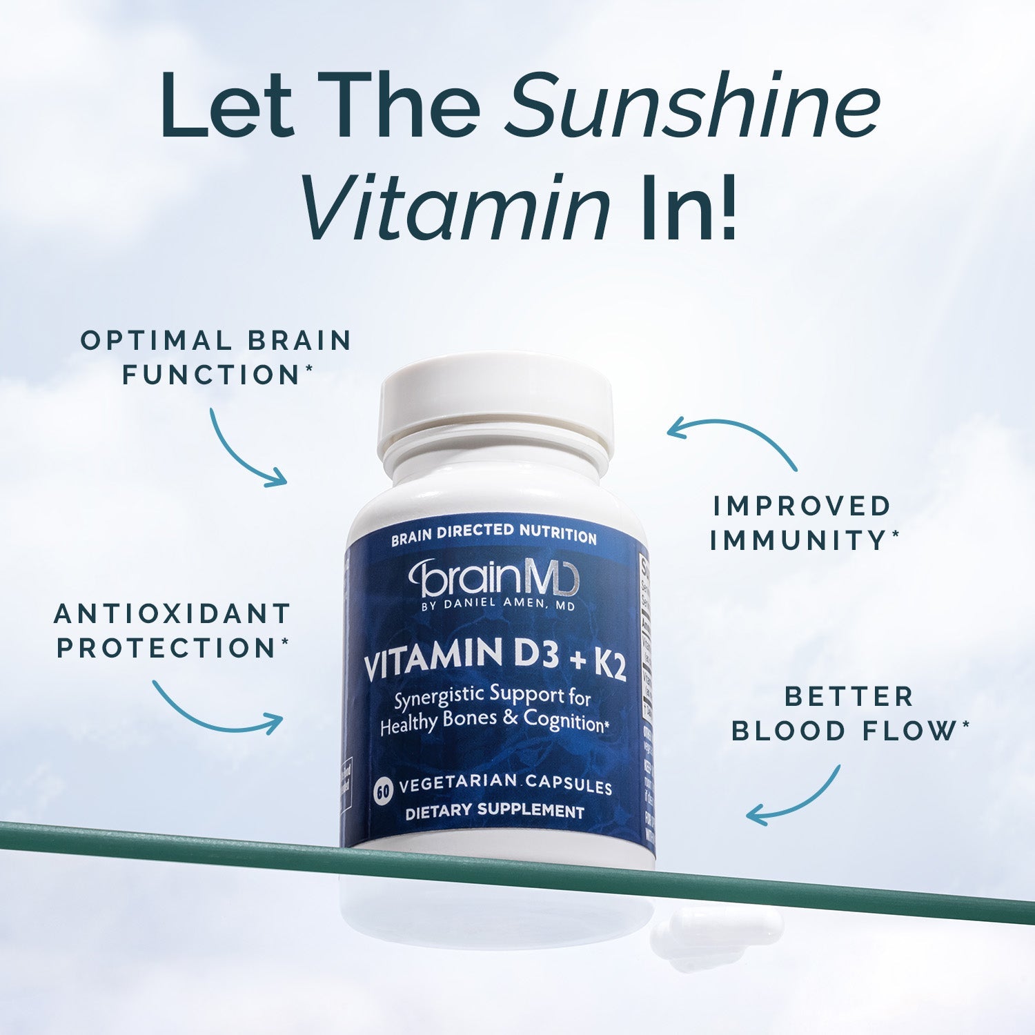 BrainMD Vitamin D3 + K2: infographic, list of phrases highlighting benefits encircling blue supplement bottle, sky background