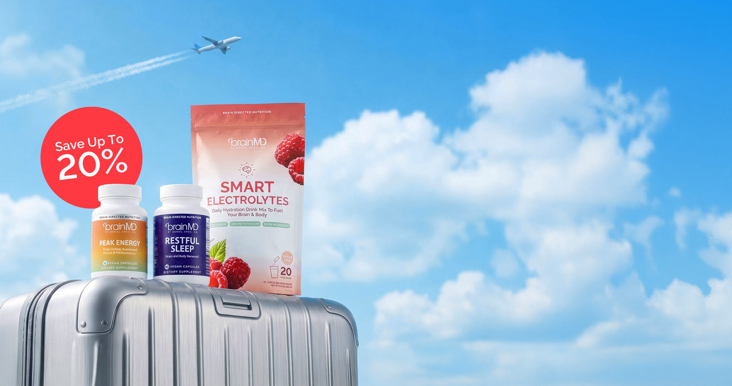 Supplement products on a suitcase with a airplane and blue sky in the background