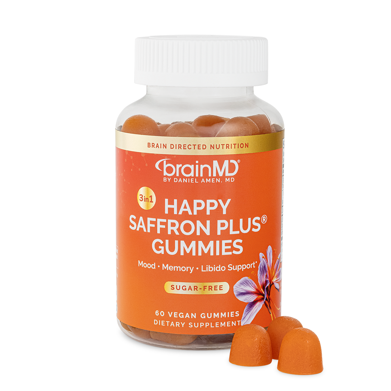 BrainMD Happy Saffron Plus Gummies bottle with orange vegan gummies for mood, memory, and libido support.