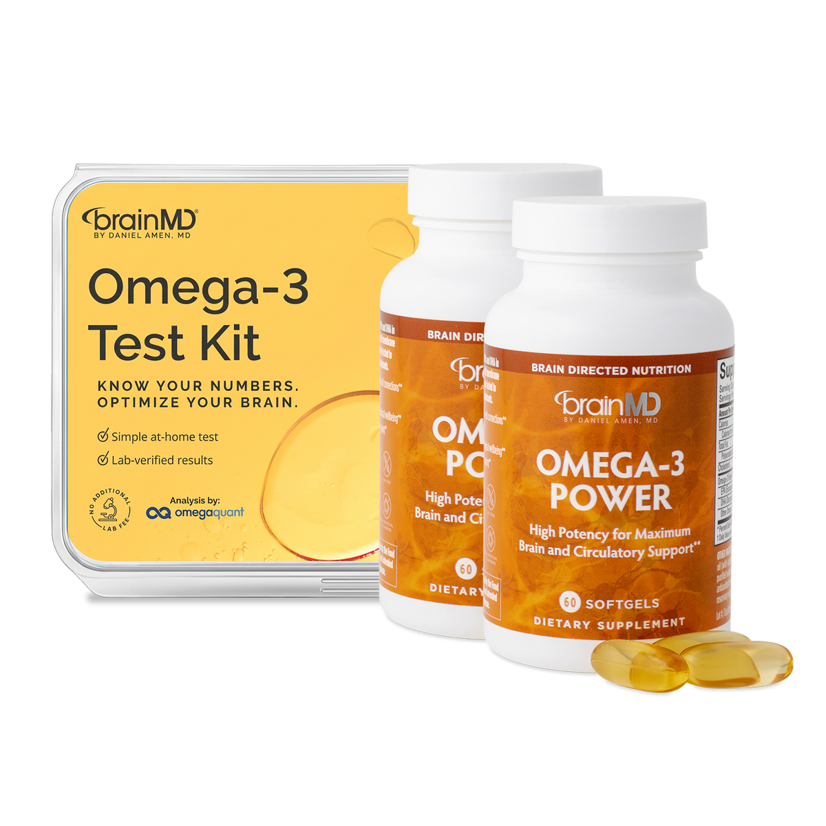 BrainMD Omega-3 Test Kit + Omega-3 Power Bundle: Omega-3 Test Kit box and 2 bottles of Omega-3 Power with softgels