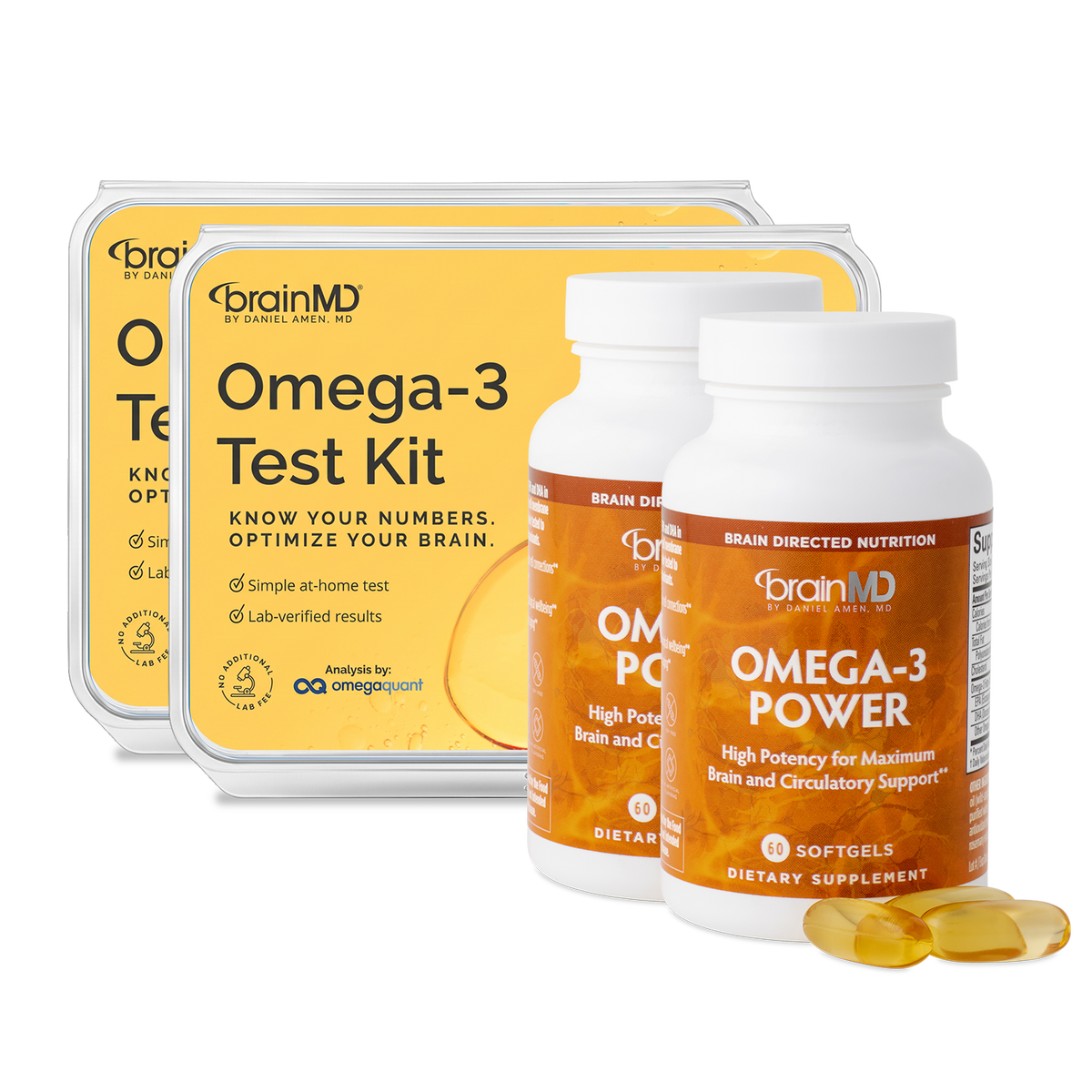 BrainMD Omega-3 Test + Retest Bundle: two Omega-3 Test Kit boxes and 2 bottles of Omega-3 Power with softgels