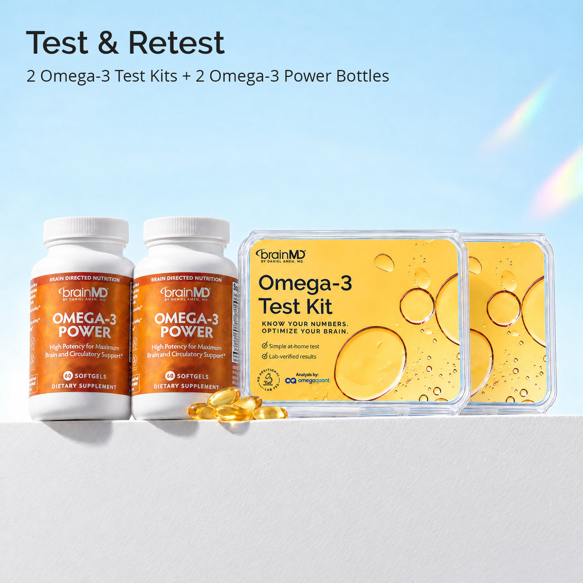 Test & Retest: two BrainMD Omega-3 Test Kits with 2 bottles of Omega-3 Power softgels