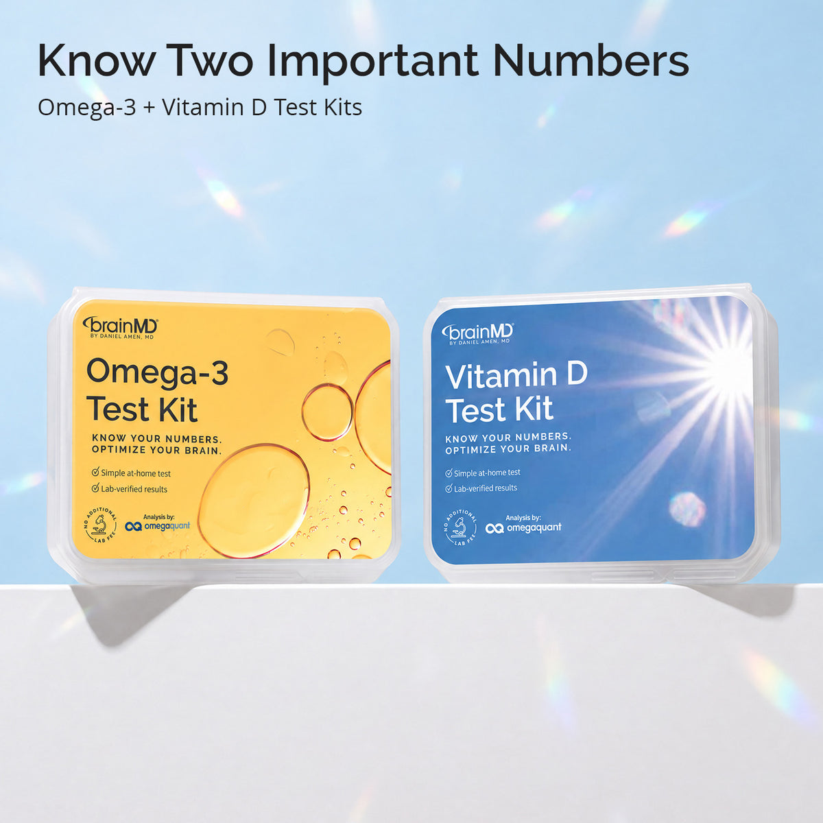 Know Two Important Numbers: BrainMD Omega-3 Test Kit and Vitamin D Test Kit side by side