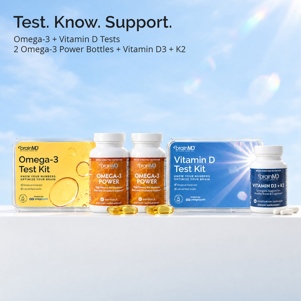 Test. Know. Support. BrainMD Omega-3 and Vitamin D Test Kits with 2 bottles of Omega-3 Power and a bottle of Vitamin D3 + K2