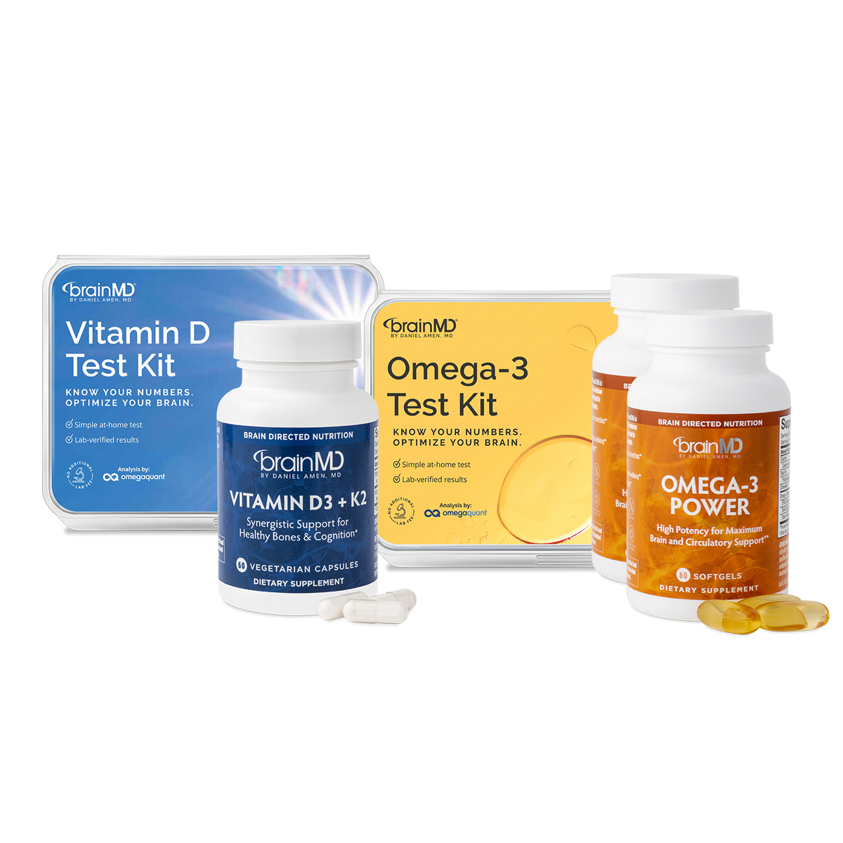 BrainMD Omega-3 + Vitamin D Test & Supplement Bundle: both test kit boxes with 2 bottles of Omega-3 Power and a bottle of Vitamin D3 + K2