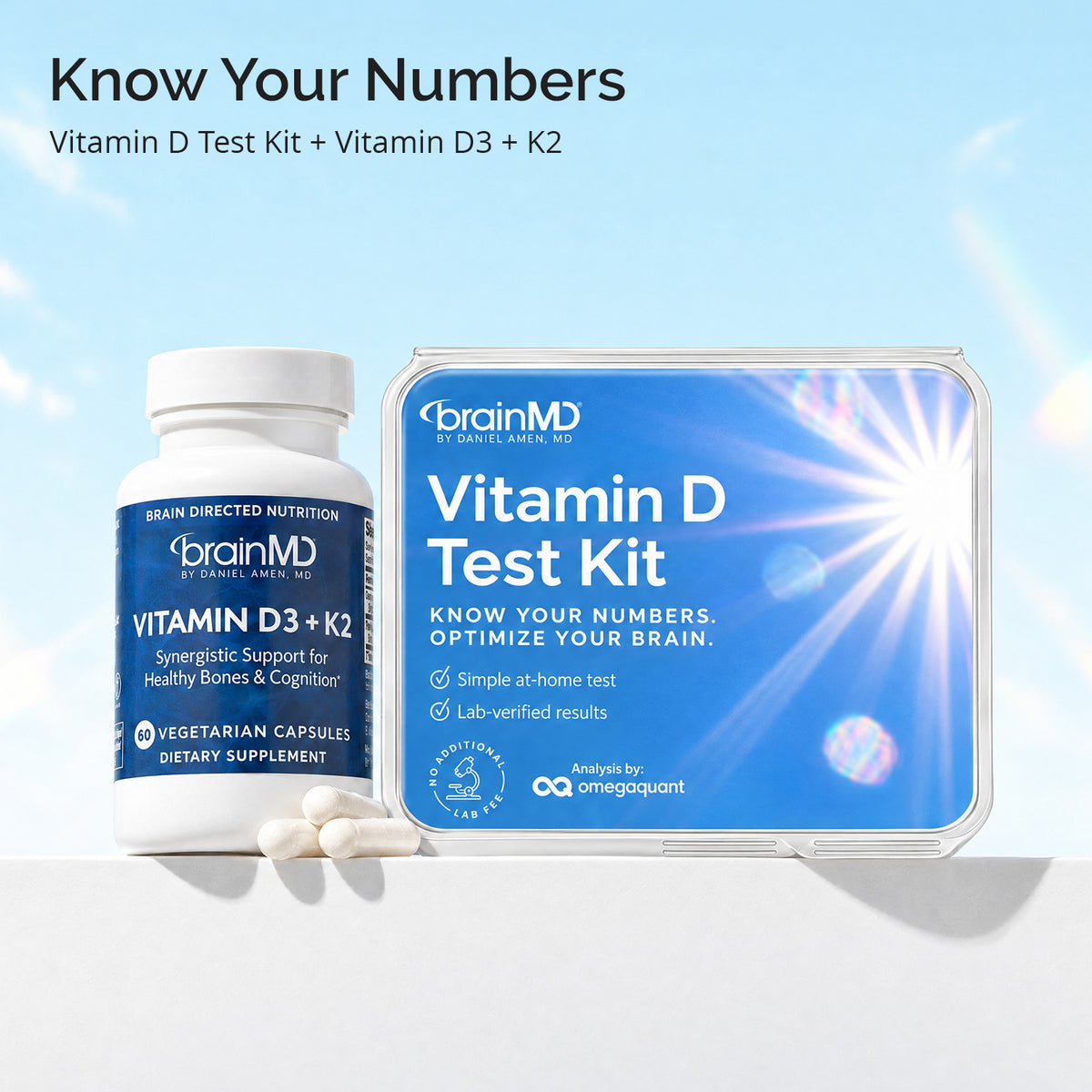 Know Your Numbers: BrainMD Vitamin D Test Kit with a bottle of Vitamin D3 + K2 capsules