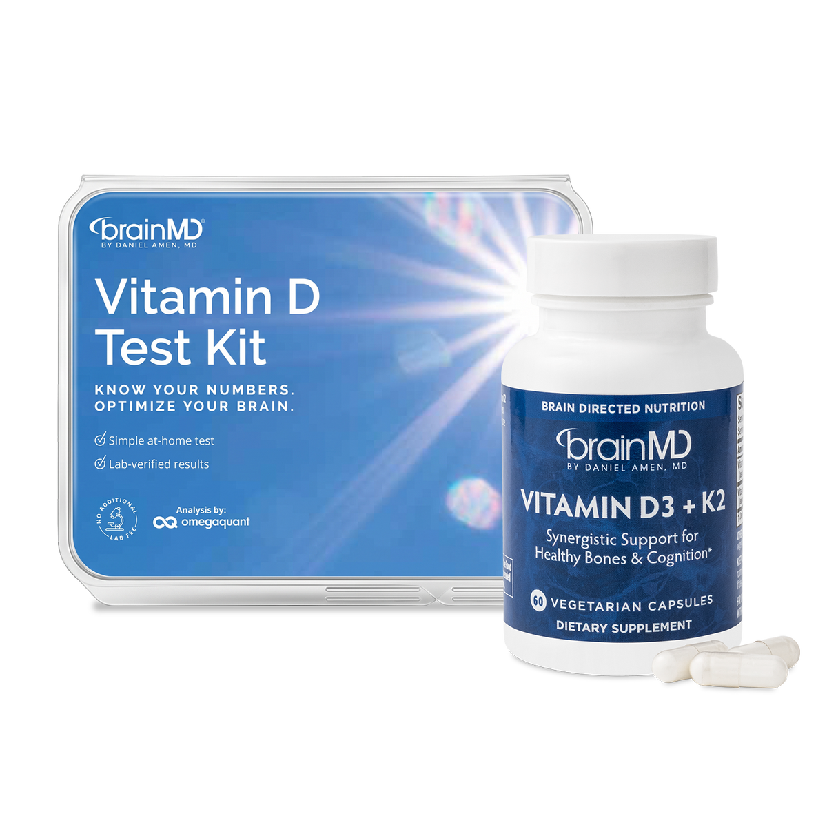 BrainMD Vitamin D Test Kit + Vitamin D3 + K2 Bundle: Vitamin D Test Kit box and a bottle of Vitamin D3 + K2 with capsules