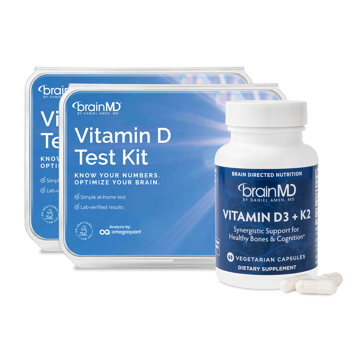 BrainMD Vitamin D Test + Retest Bundle: two Vitamin D Test Kit boxes and a bottle of Vitamin D3 + K2 with capsules