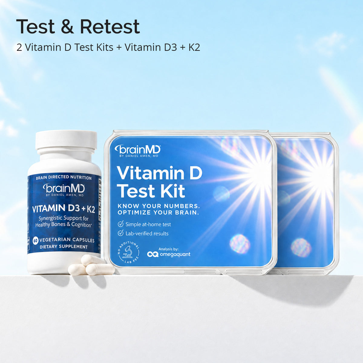 Test & Retest: two BrainMD Vitamin D Test Kits with a bottle of Vitamin D3 + K2 capsules