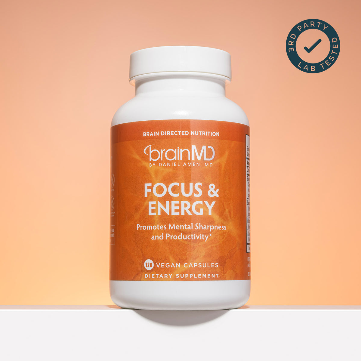 BrainMD Focus & Energy supplement bottle with third-party lab tested badge, independently tested by Intertek