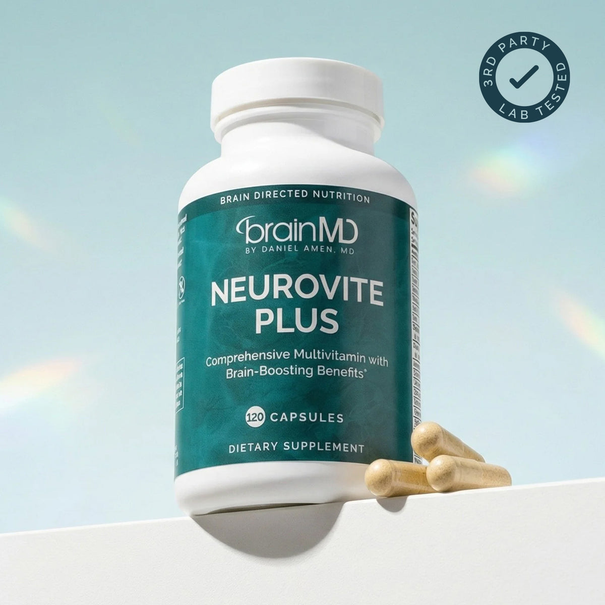 BrainMD NeuroVite Plus multivitamin bottle and capsules with third-party lab tested badge, independently tested by Intertek