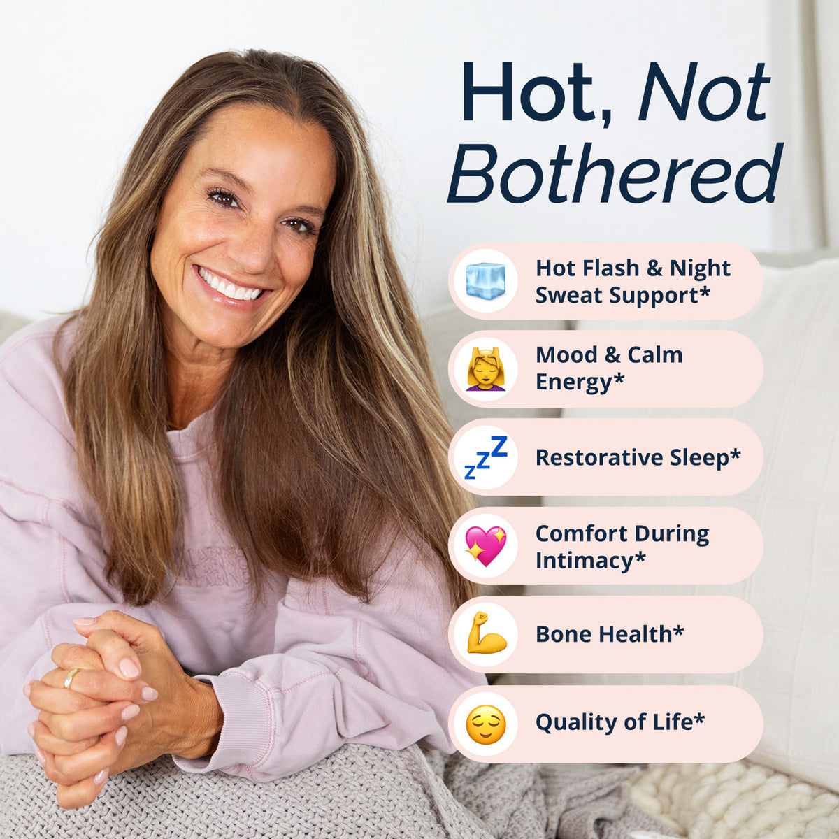 Perimenopause Support+ benefits infographic: hot flash and night sweat support, mood, sleep, intimacy, bone health and quality of life