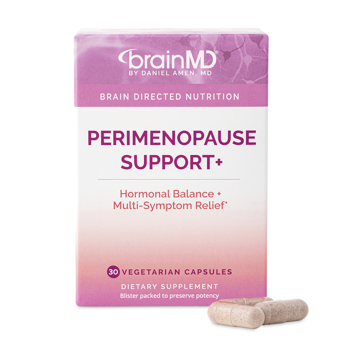 BrainMD Perimenopause Support+ perimenopause support supplement box with capsules