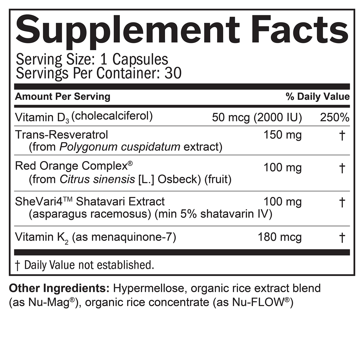BrainMD Perimenopause Support+ supplement facts: SheVari4 shatavari extract, Red Orange Complex, trans-resveratrol, vitamins D3 and K2