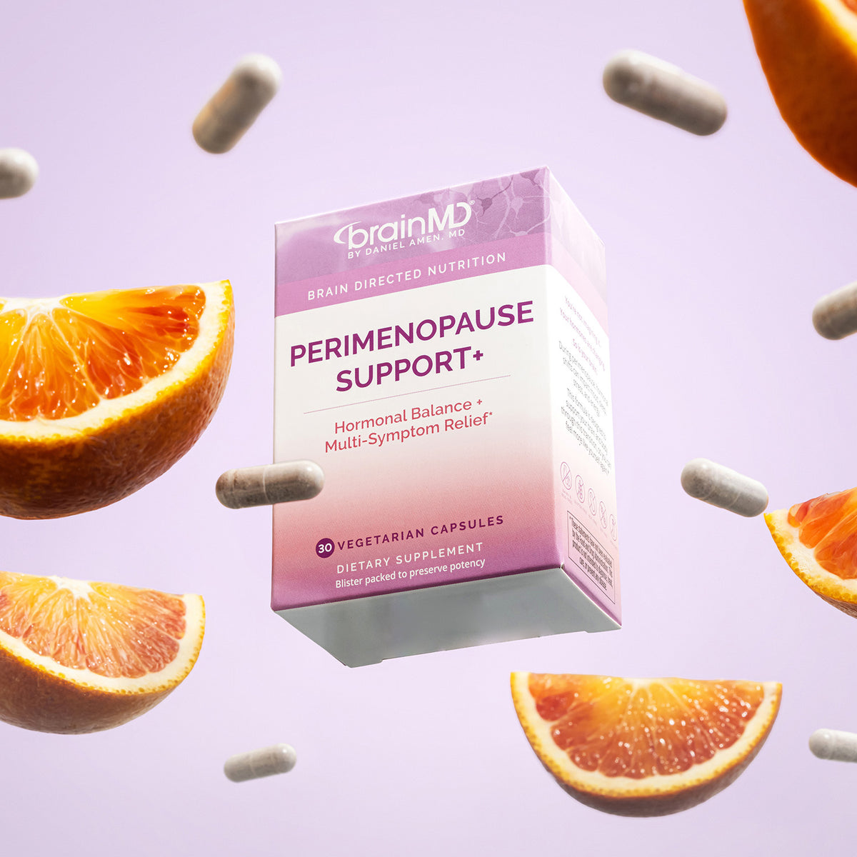 BrainMD Perimenopause Support+ box with capsules and red orange slices, a hormone-free perimenopause support supplement