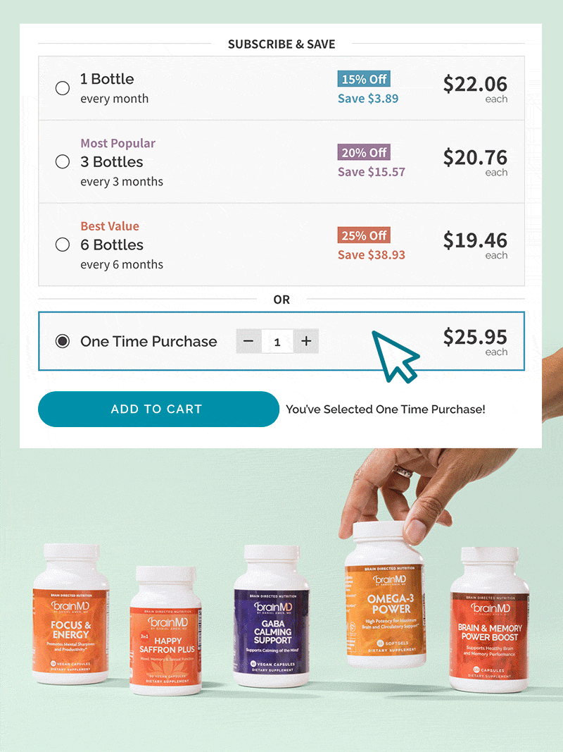 Get up to 25% off plus free shipping when subscribing to supplements at BrainMD!