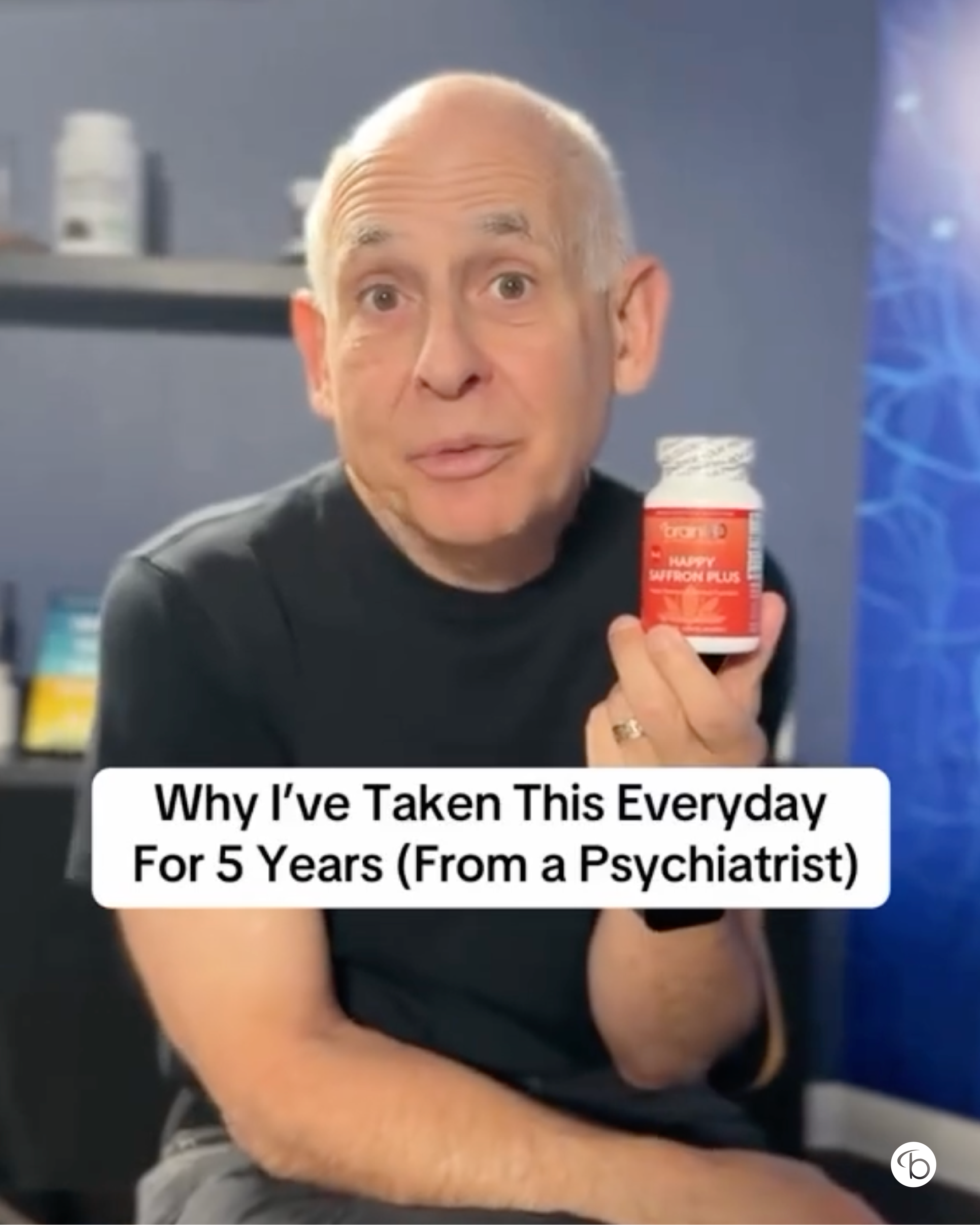 Follow BrainMD on Instagram! An image of an instagram post by Dr. Amen talking about why he takes Happy Saffron Plus supplement everyday.